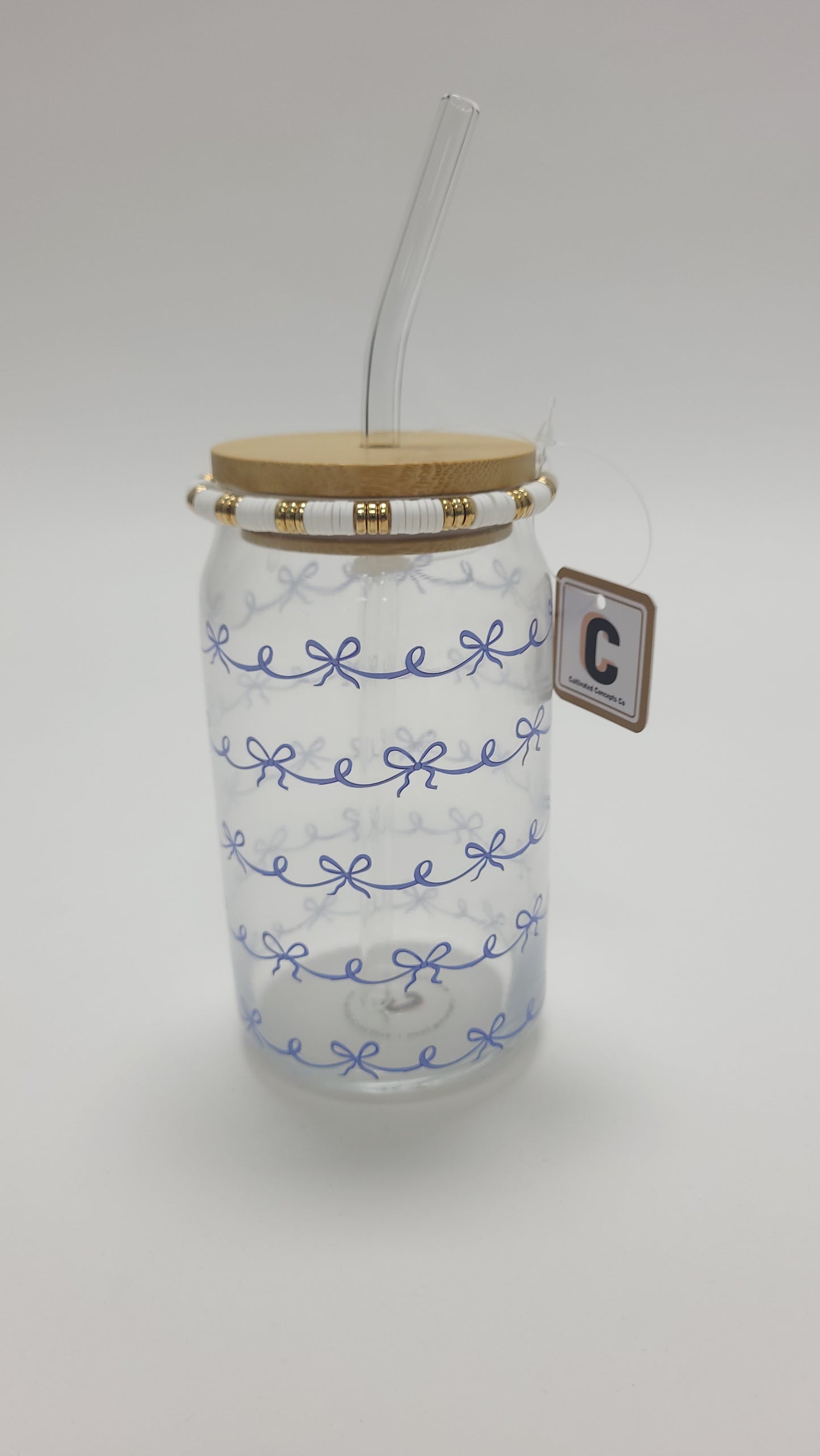 Glass Cup 15 Oz | Blue Bowknot