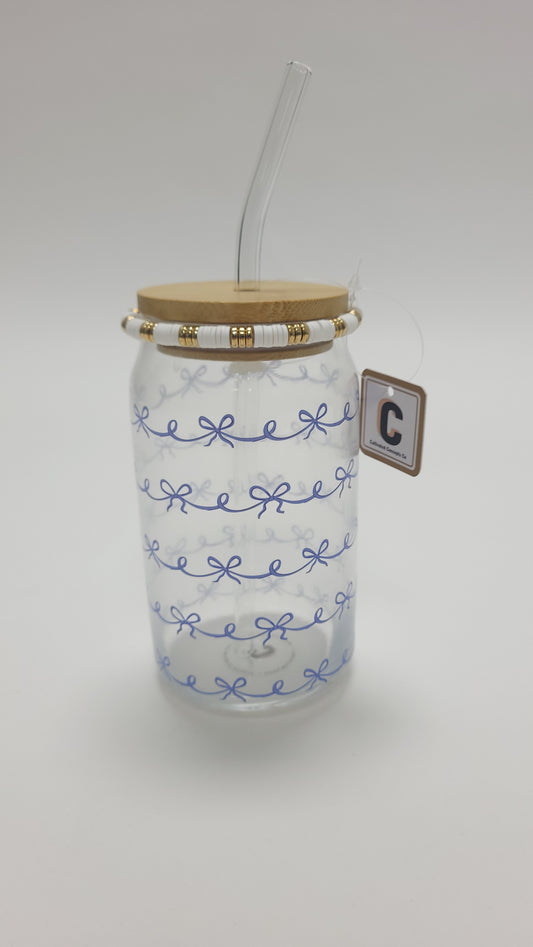 Glass Cup 15 Oz | Blue Bowknot