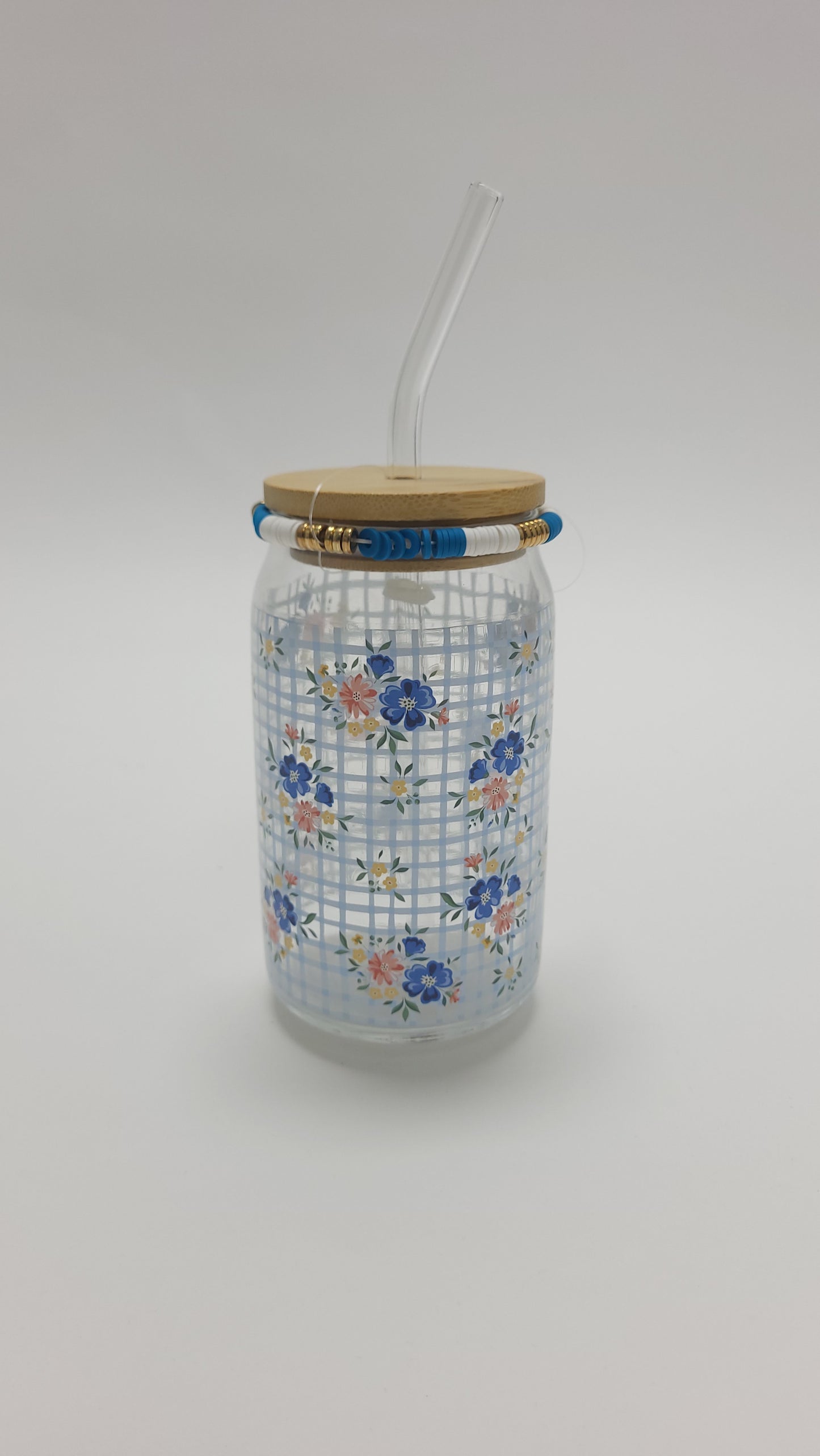 Glass Cup 15 Oz | Blue Floral